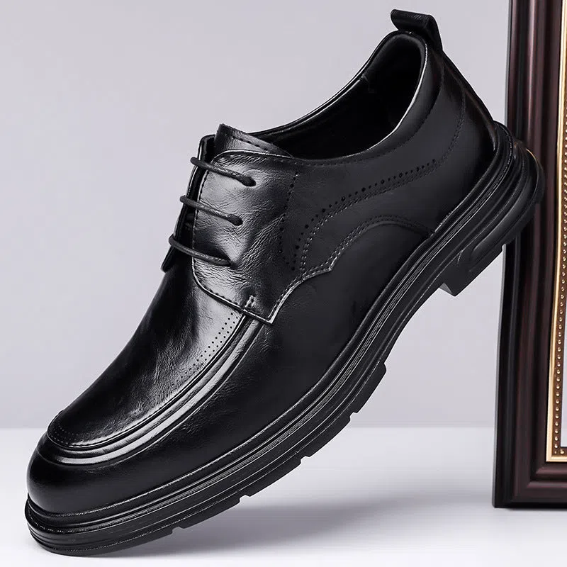 Men's brown cowhide leather lace-up formal shoes, round toe, rubber sole, low top, size 37-45