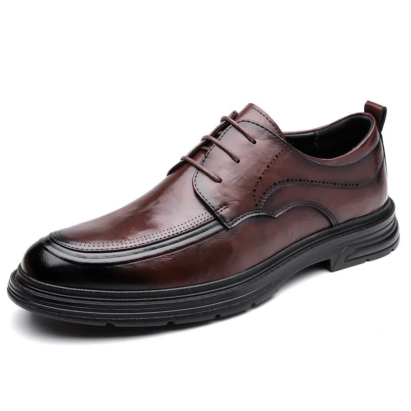 Men's brown cowhide leather lace-up formal shoes, round toe, rubber sole, low top, size 37-45
