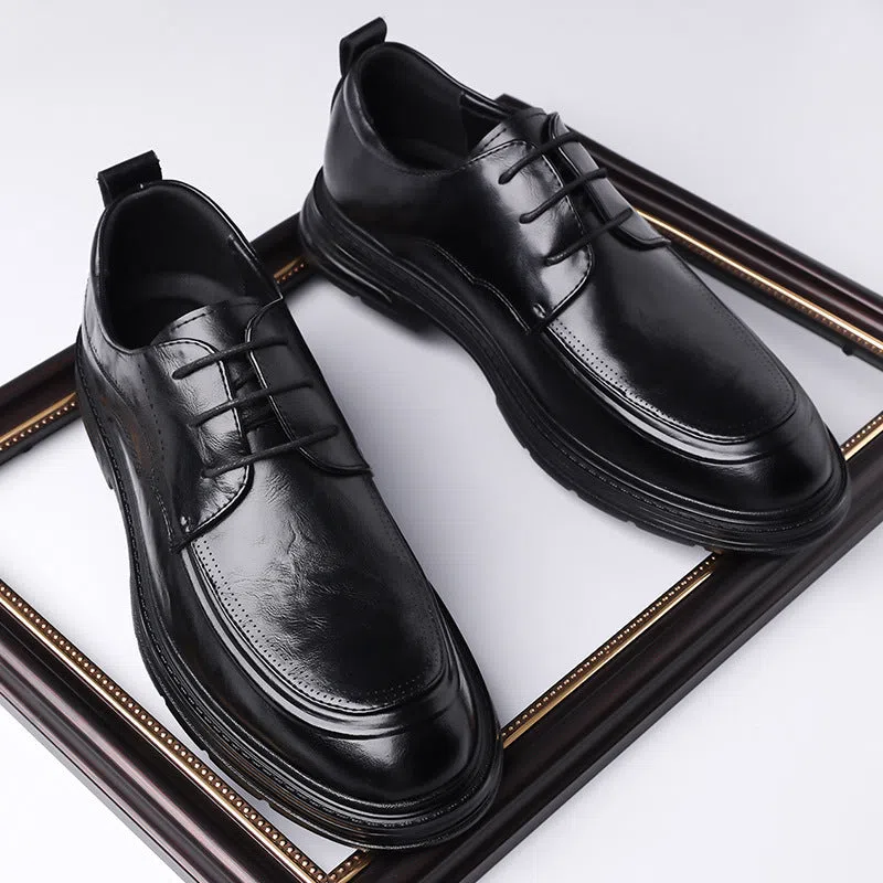 Men's brown cowhide leather lace-up formal shoes, round toe, rubber sole, low top, size 37-45
