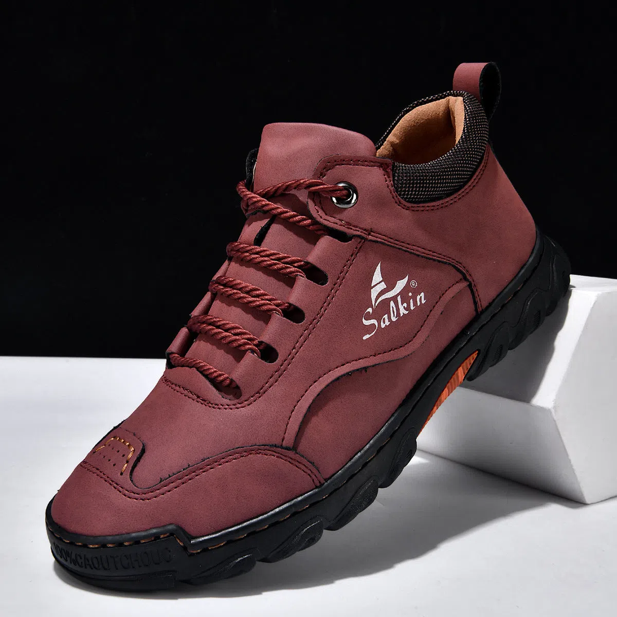 Flat lace-up casual hiking shoes in beige with PU upper, rubber sole, and round toe