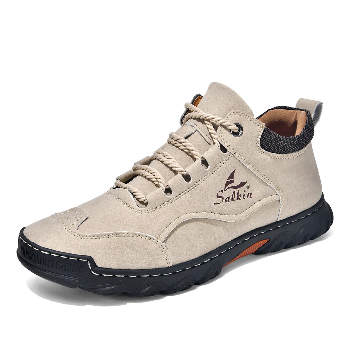 Flat lace-up casual hiking shoes in beige with PU upper, rubber sole, and round toe