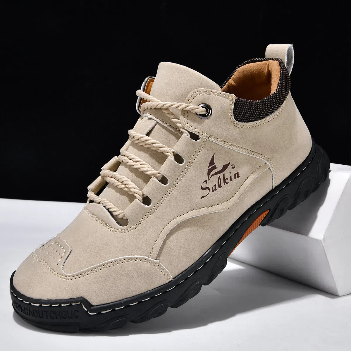 Flat lace-up casual hiking shoes in beige with PU upper, rubber sole, and round toe