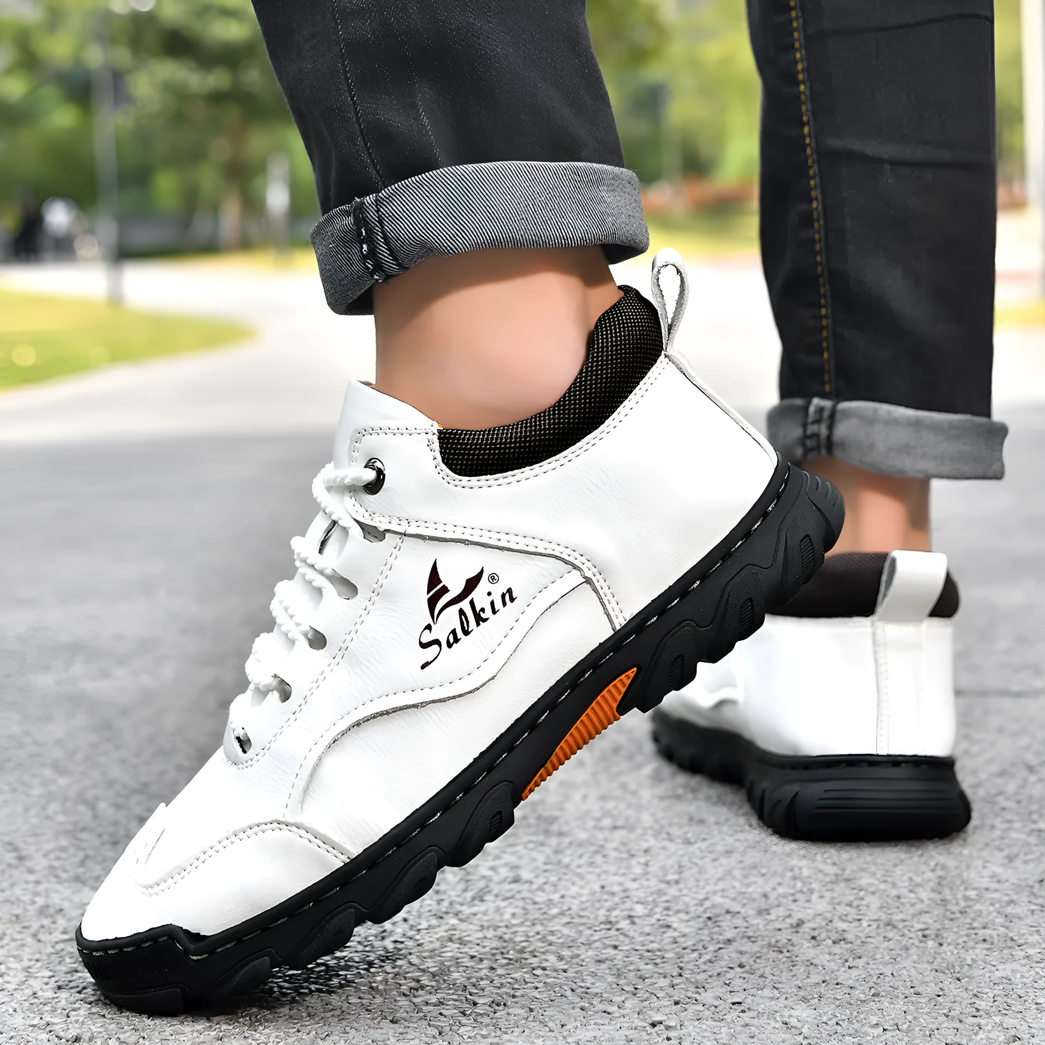 Flat lace-up casual hiking shoes in beige with PU upper, rubber sole, and round toe