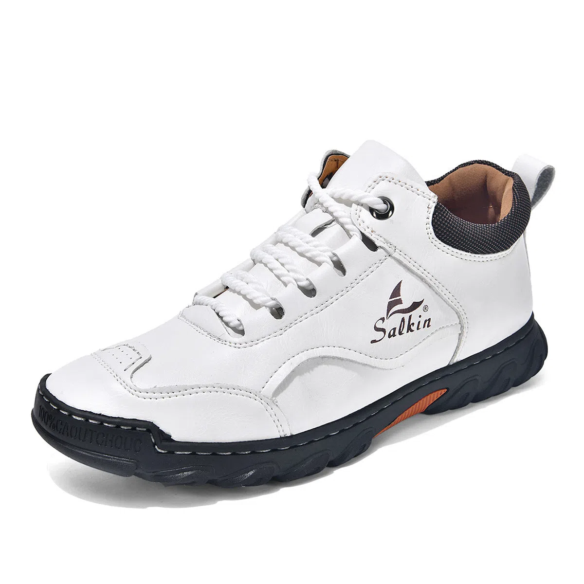 Flat lace-up casual hiking shoes in beige with PU upper, rubber sole, and round toe