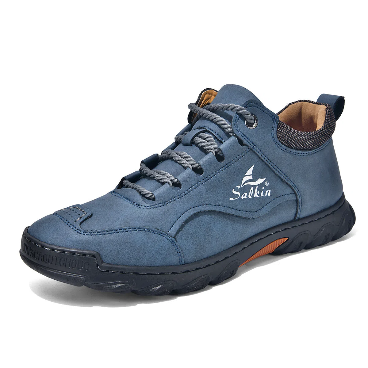 Flat lace-up casual hiking shoes in beige with PU upper, rubber sole, and round toe