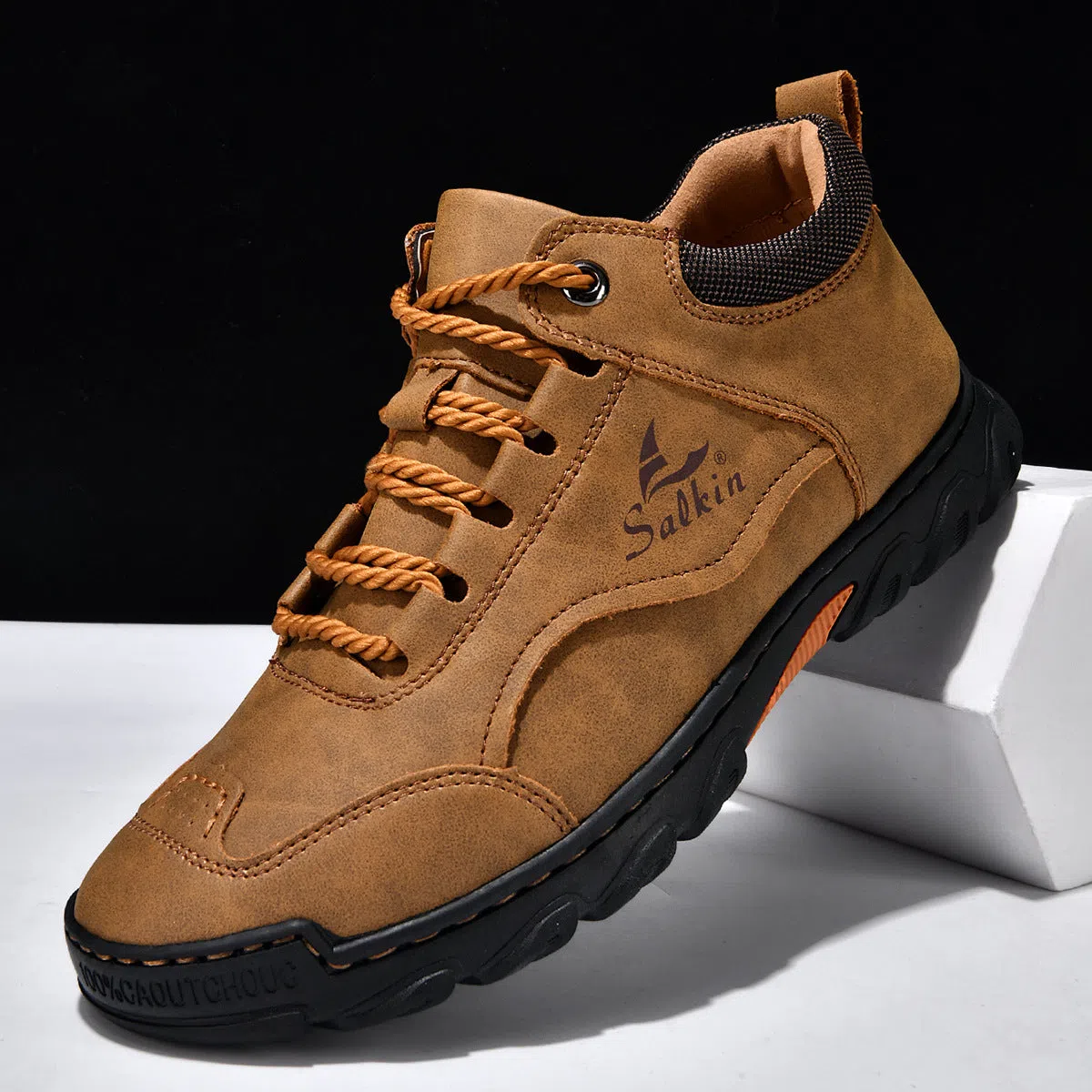 Flat lace-up casual hiking shoes in beige with PU upper, rubber sole, and round toe
