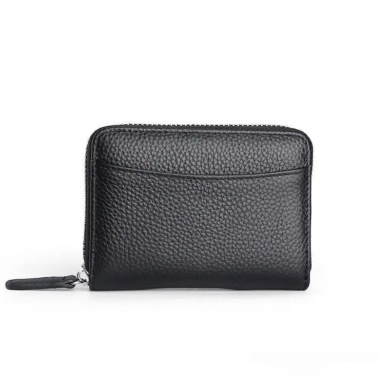 Genuine leather zipper coin storage bag in multiple colour options showing sewing line details