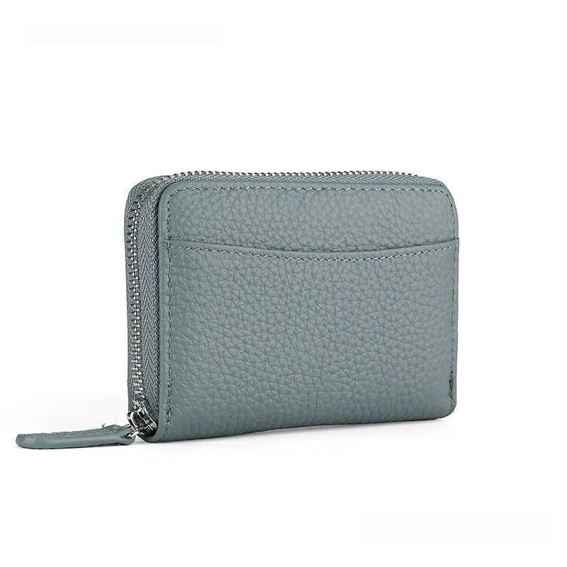 Genuine leather zipper coin storage bag in multiple colour options showing sewing line details