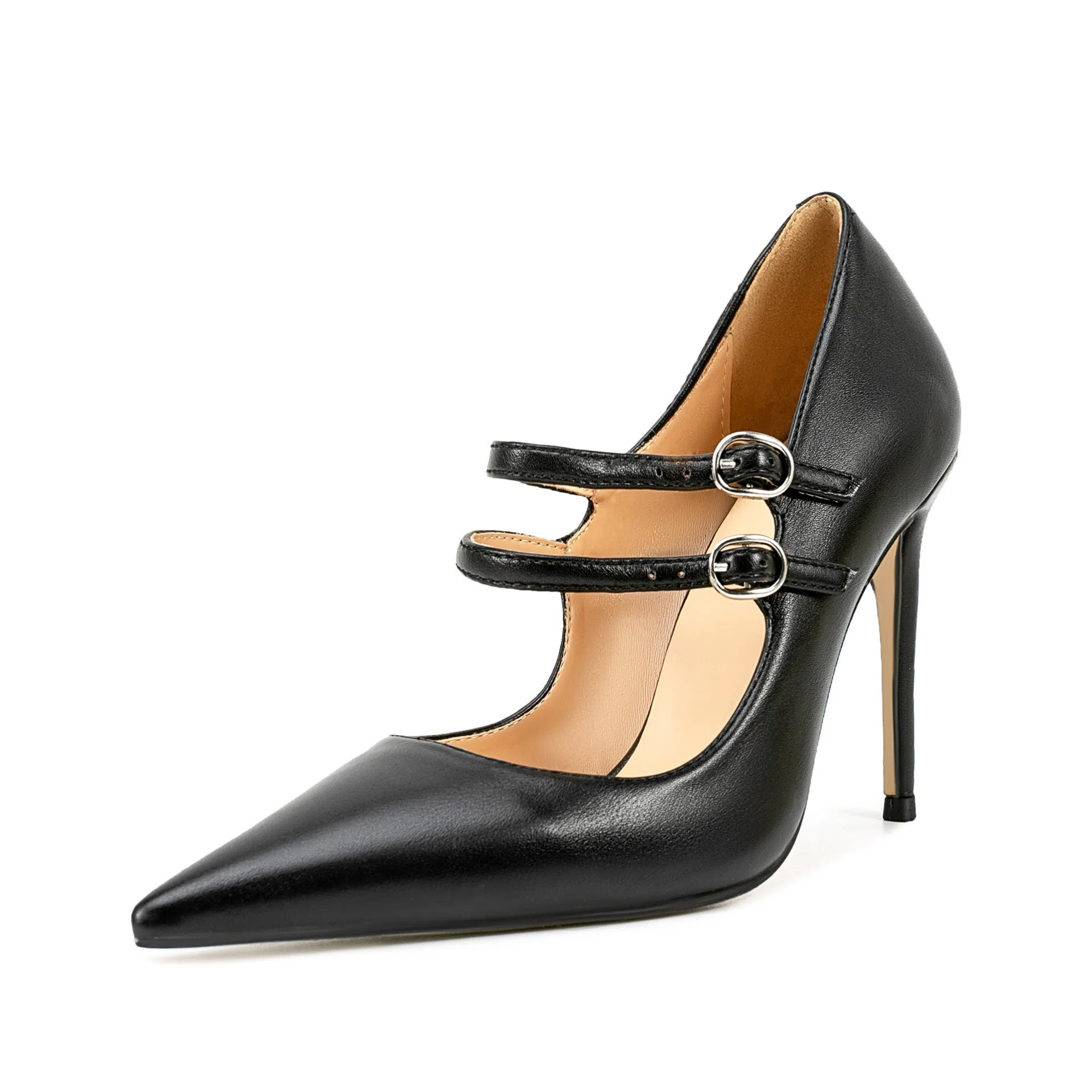 Black PU thin Mary Jane double strap stiletto high heels shallow mouth pump buckle closure tip toe 35-47