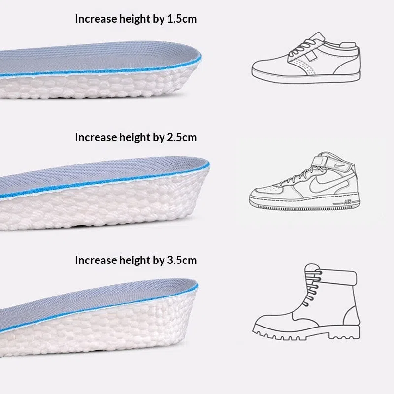 Pair of men's EVA height increasing insoles with full cushion surface and hard base in multiple lift heights