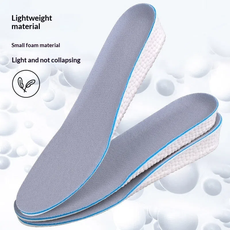 Pair of men's EVA height increasing insoles with full cushion surface and hard base in multiple lift heights