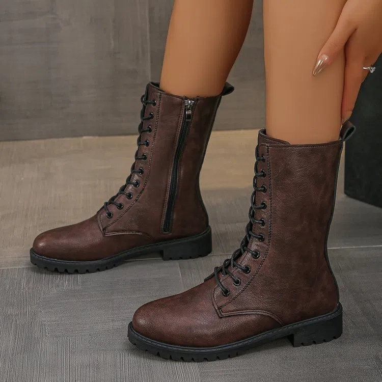 Women's flat mid-calf lace-up boots in brown with hollow design and lace-up front