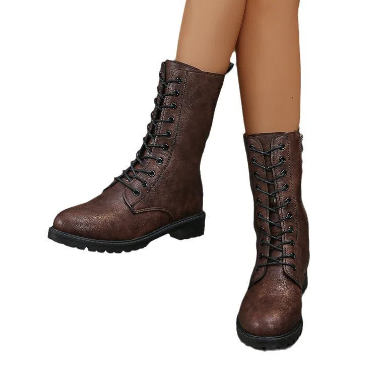 Women's flat mid-calf lace-up boots in brown with hollow design and lace-up front