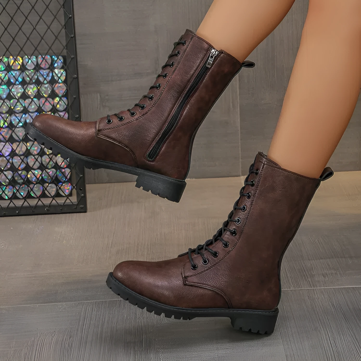 Women's flat mid-calf lace-up boots in brown with hollow design and lace-up front