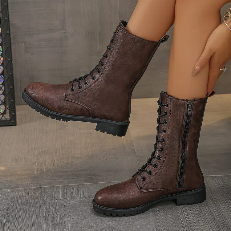 Women's flat mid-calf lace-up boots in brown with hollow design and lace-up front