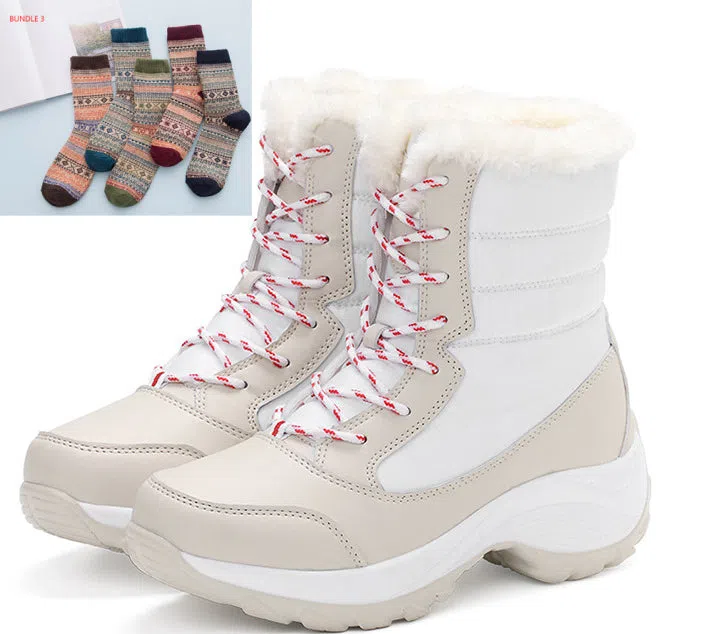 Women's high-top snow boots with cross strap, waterproof synthetic leather upper, and velvet lining, in black