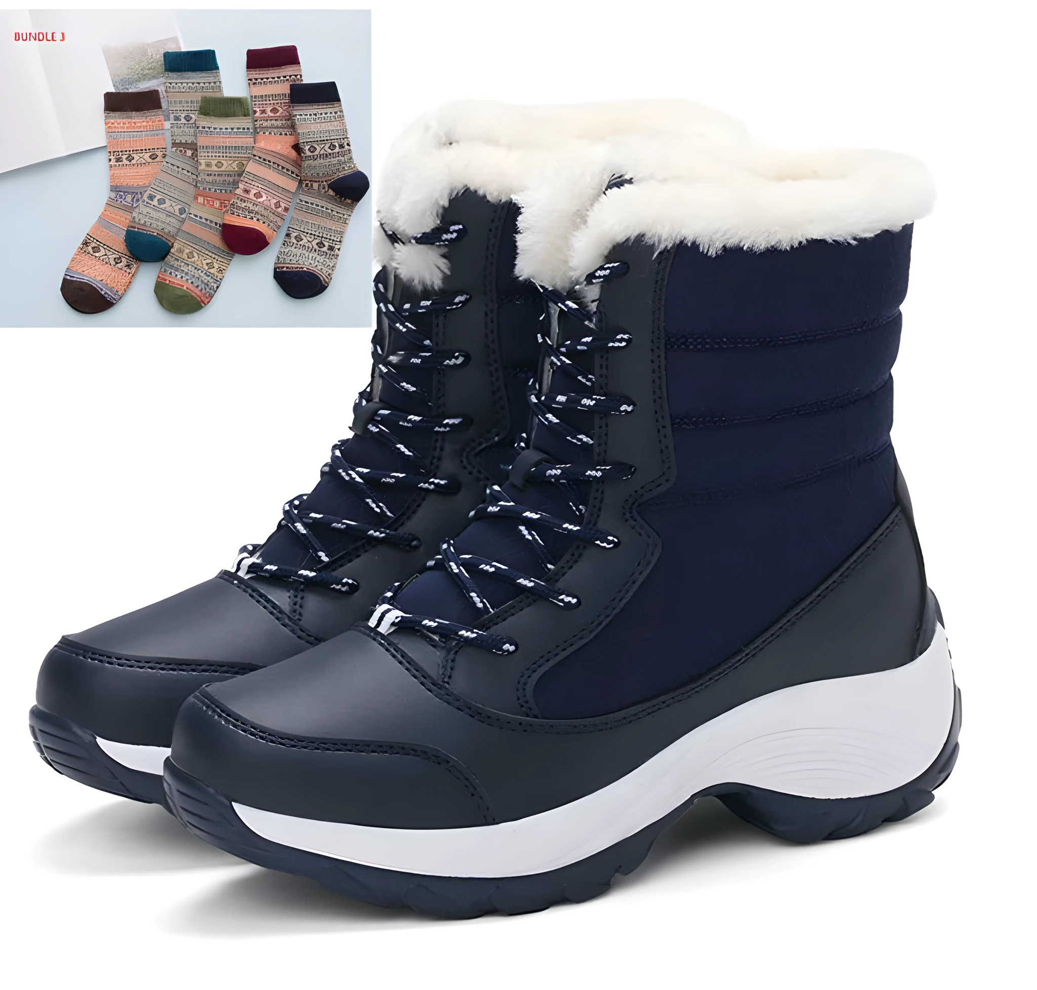 Women's high-top snow boots with cross strap, waterproof synthetic leather upper, and velvet lining, in black