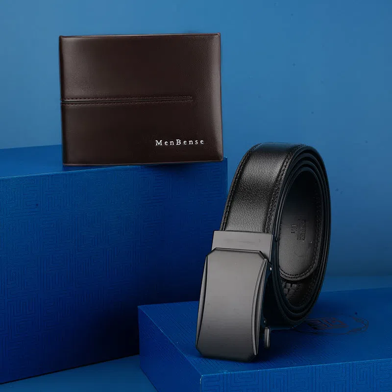 Genuine leather men's belt and wallet combo set with alloy buckle in black and brown, includes gift box