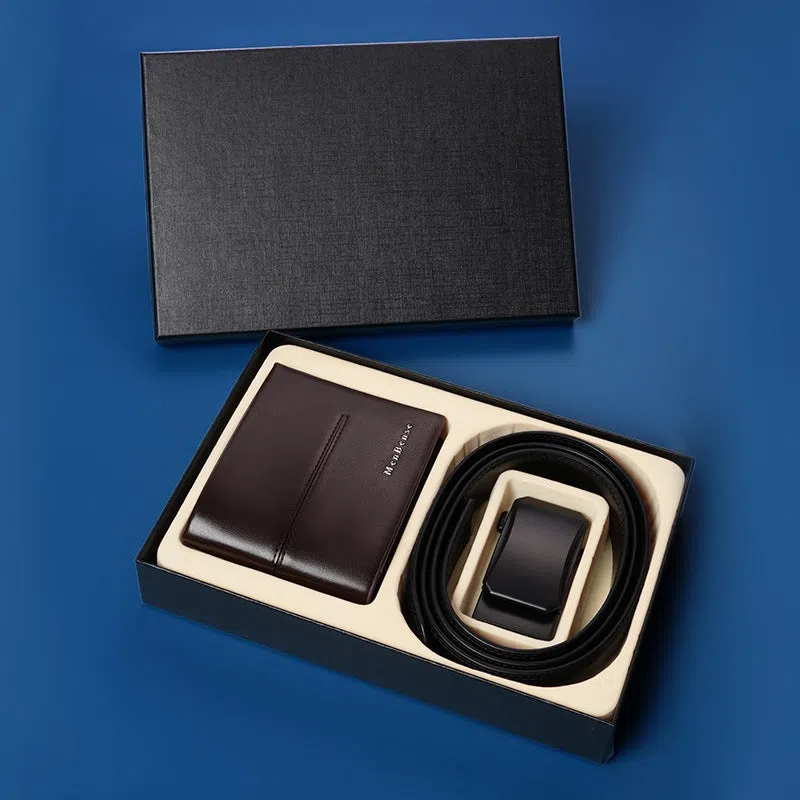 Genuine leather men's belt and wallet combo set with alloy buckle in black and brown, includes gift box