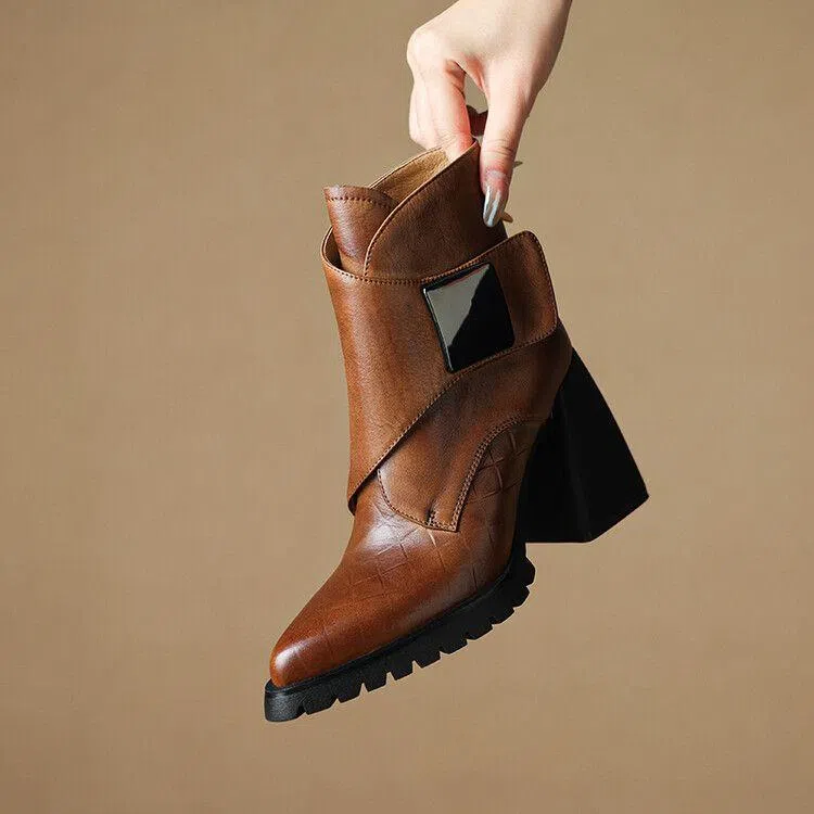 Retro chunky heel ankle boots for women with velvet lining, waterproof platform, and pointed toe in brown colour option