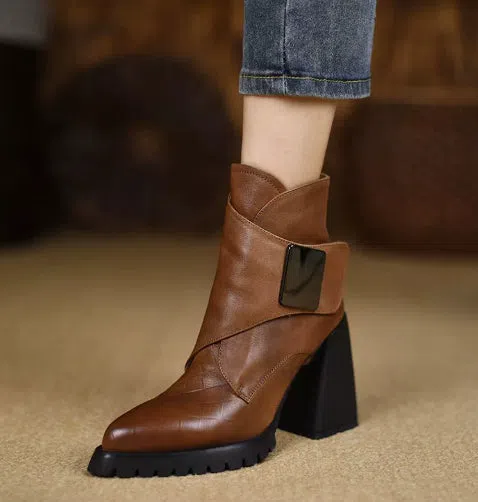 Retro chunky heel ankle boots for women with velvet lining, waterproof platform, and pointed toe in brown colour option