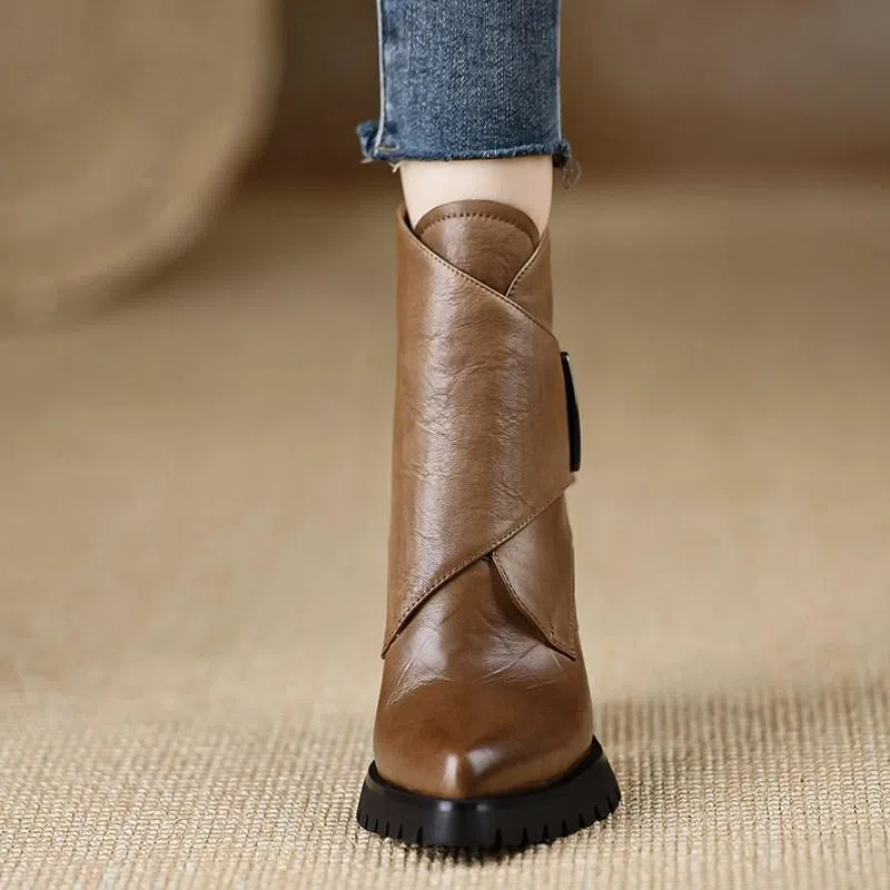 Retro chunky heel ankle boots for women with velvet lining, waterproof platform, and pointed toe in brown colour option