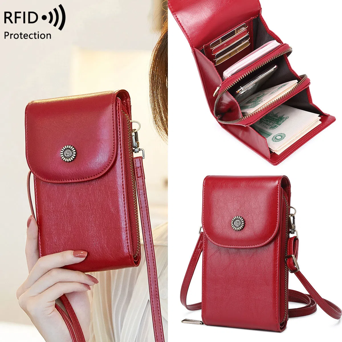 Anti-magnetic retro wax leather phone bag crossbody case in five colours with card slot