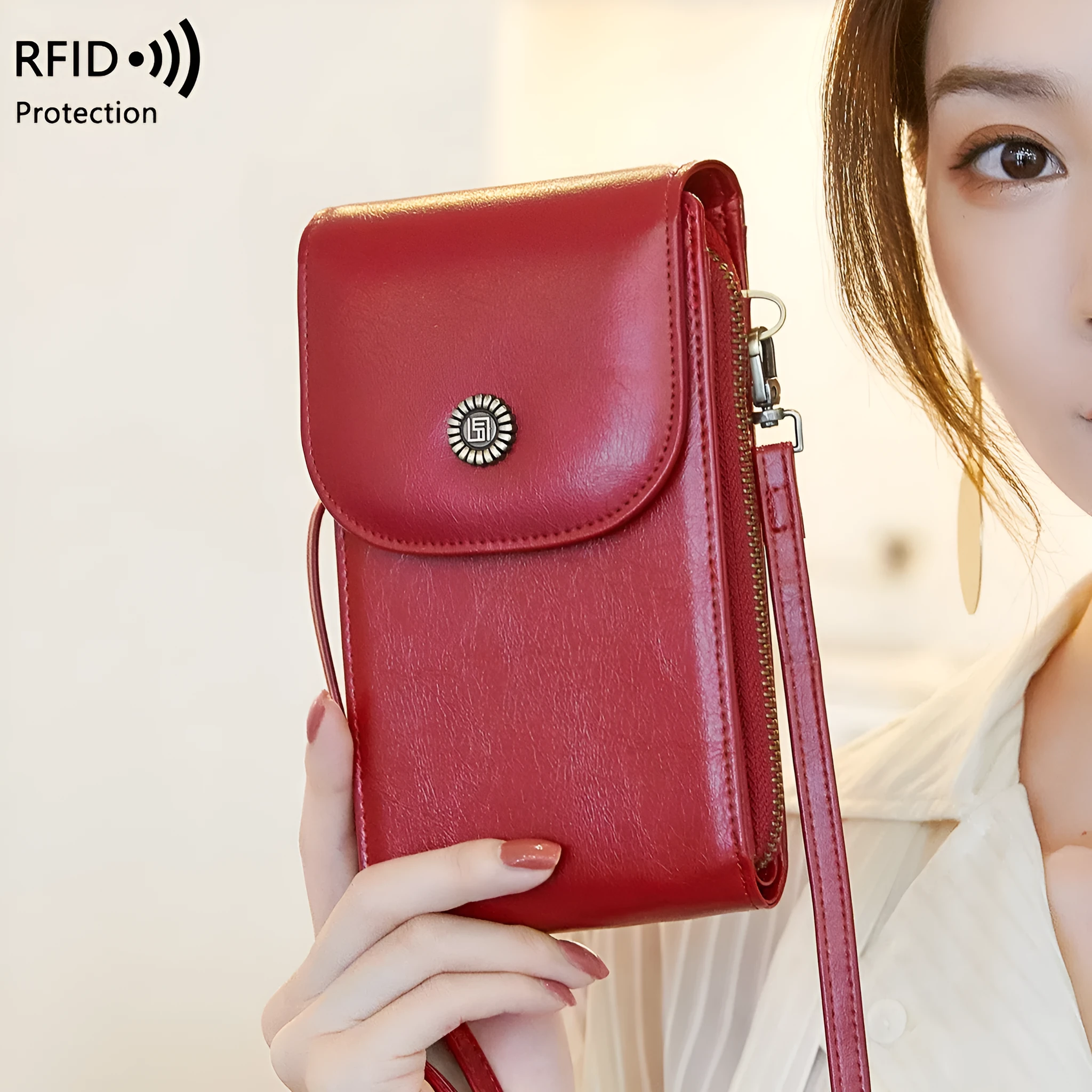 Anti-magnetic retro wax leather phone bag crossbody case in five colours with card slot