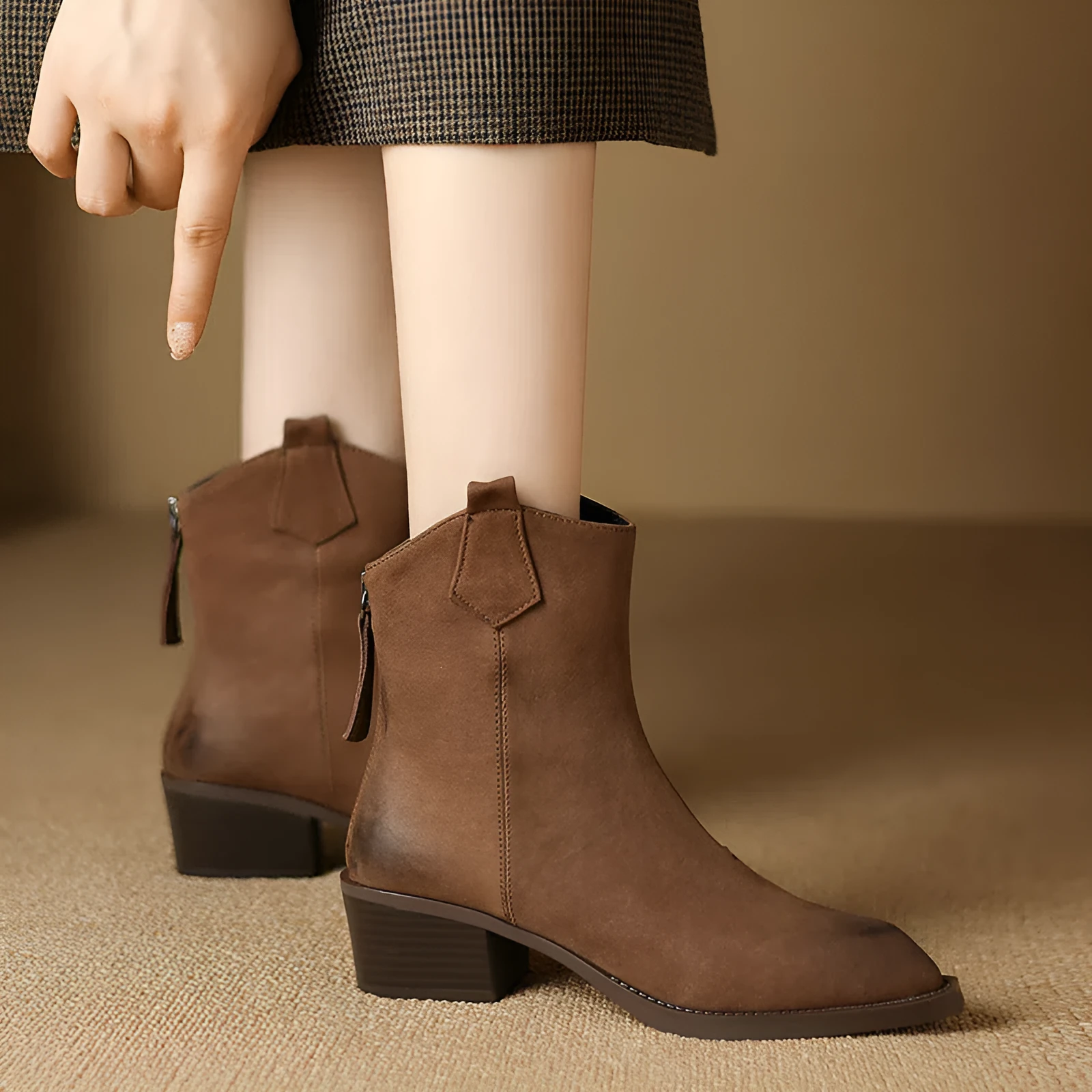 Women's retro Martin boots in light brown with pointed toe, chunky heel, and sewing thread detail