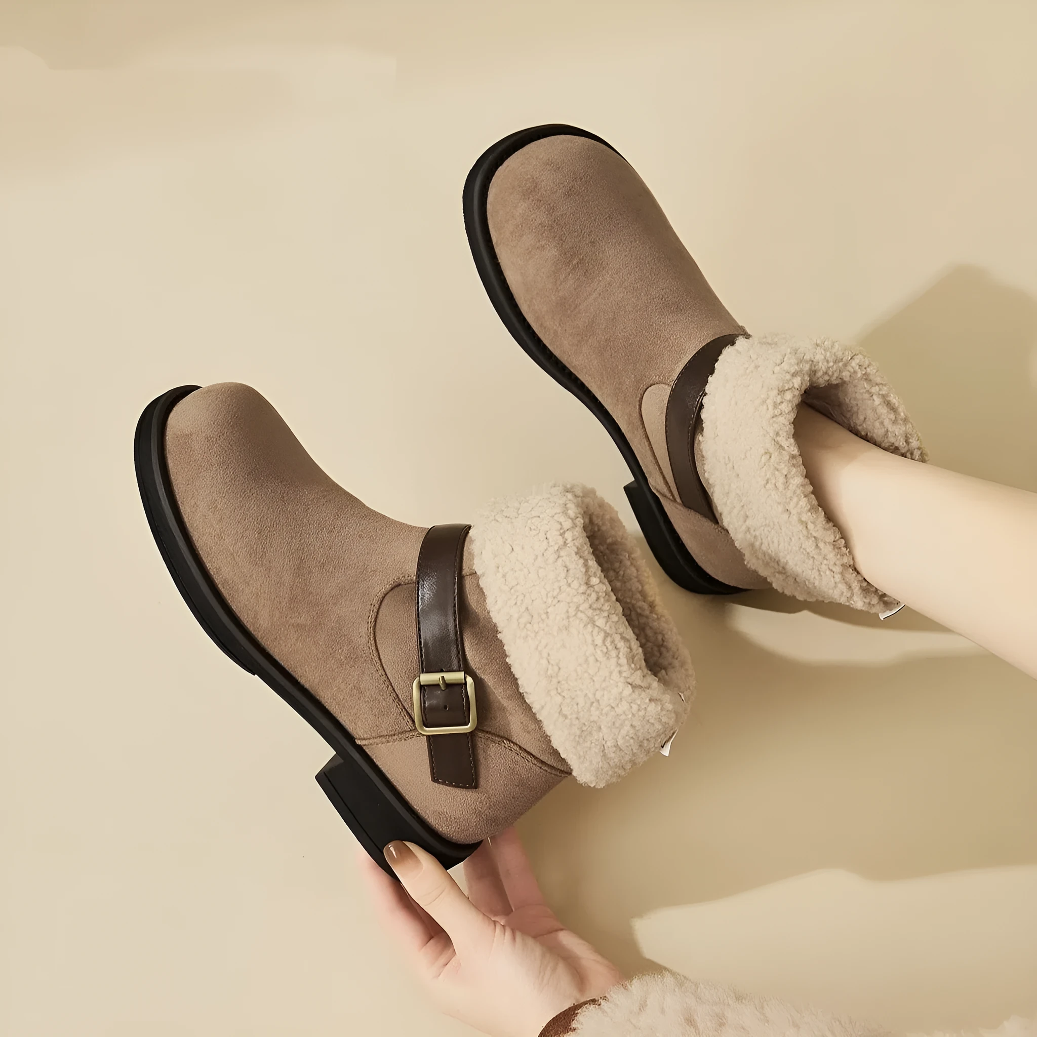 Soft suede ankle boots with chunky heel and square toe in brown and khaki, low-tube design