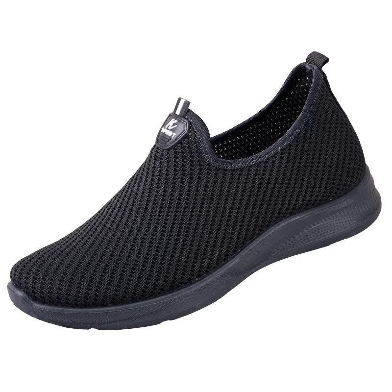 Spring men's breathable flyknit casual shoes in black with rubber sole – side view for hiking and daily wear