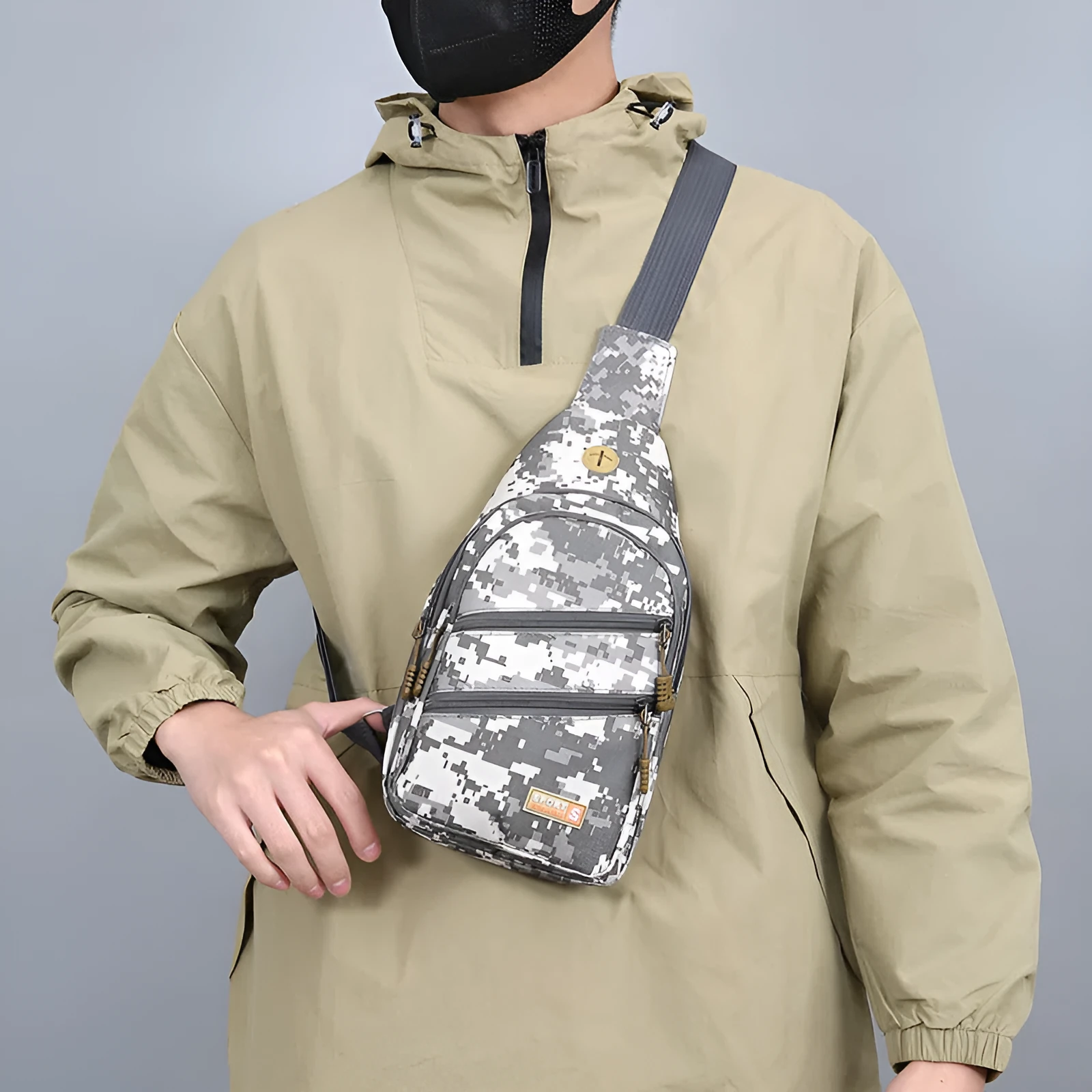 Canvas crossbody bag for men, lightweight waterproof with stitching detail, available in multiple colours