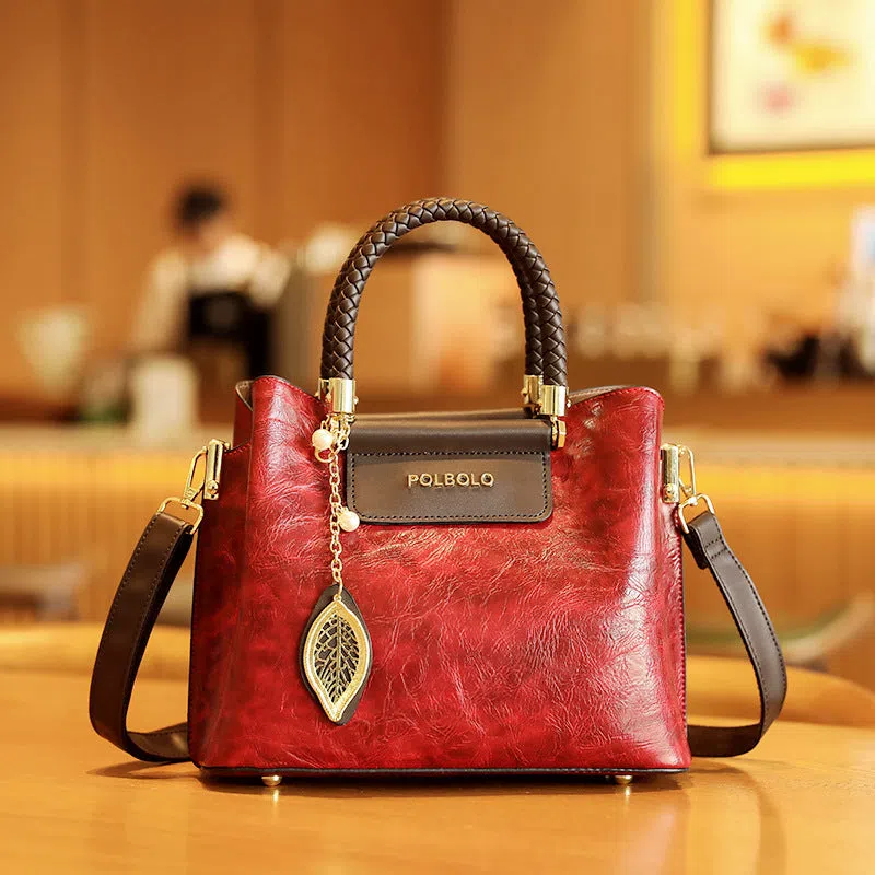 Genuine leather large-capacity tote bag for women mid-age mom style horizontal rectangular shape
