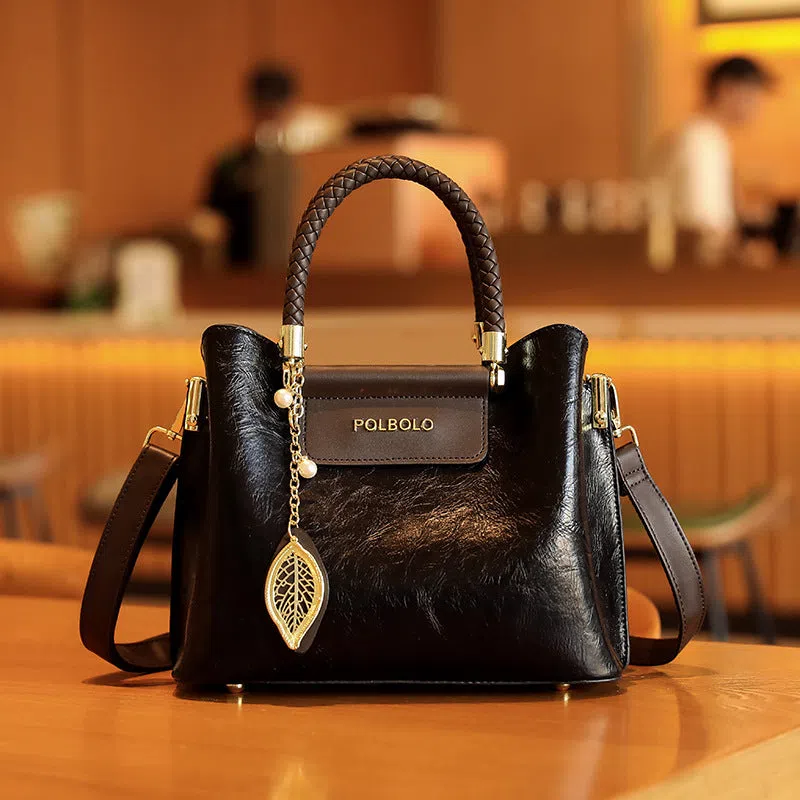 Genuine leather large-capacity tote bag for women mid-age mom style horizontal rectangular shape