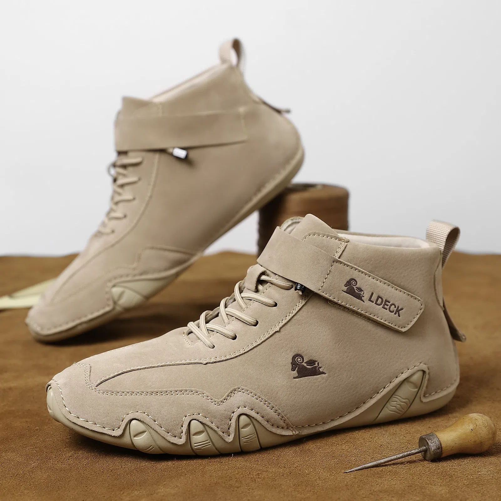 High-top octopus-style Martin boots in solid colour, microfiber upper with stitched seams, round toe, rubber sole