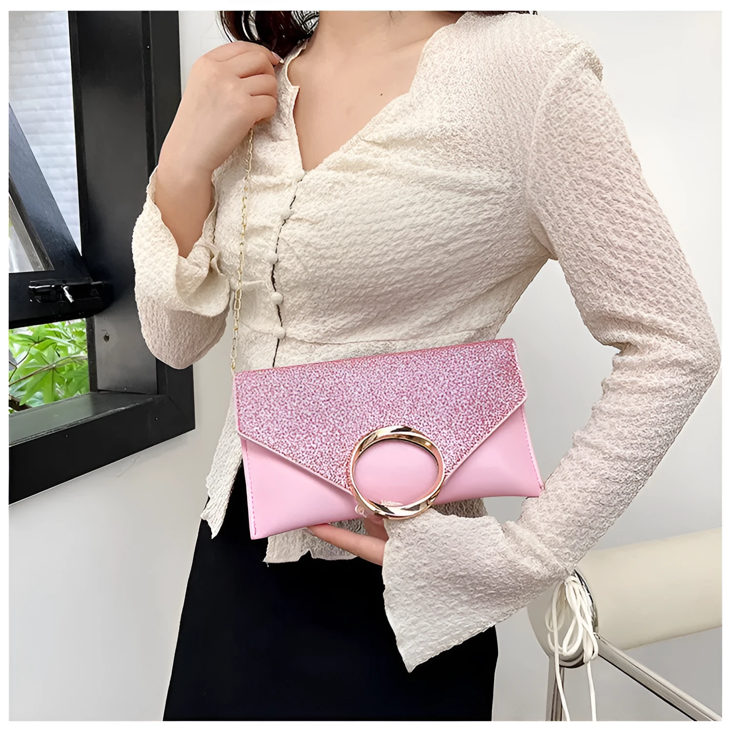 Women's crossbody shoulder bag in PU with sequins, horizontal rectangular shape, available in Black, Pink, and Silver