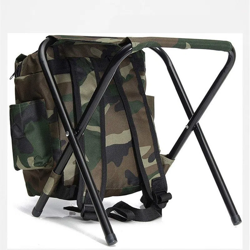 Camouflage foldable backpack stool made from Oxford cloth and carbon steel for outdoor camping