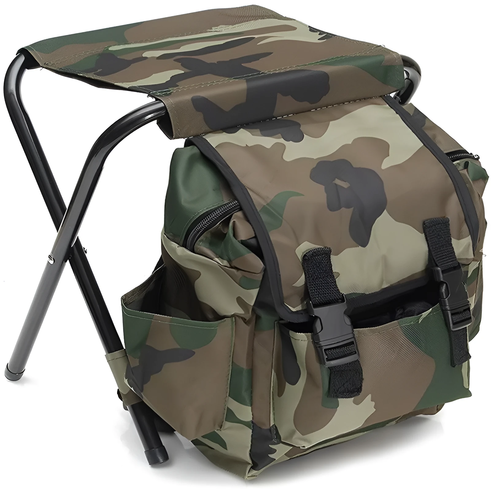 Camouflage foldable backpack stool made from Oxford cloth and carbon steel for outdoor camping