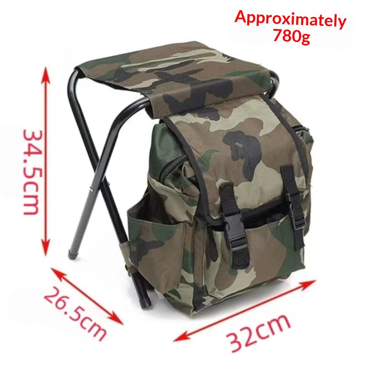 Camouflage foldable backpack stool made from Oxford cloth and carbon steel for outdoor camping