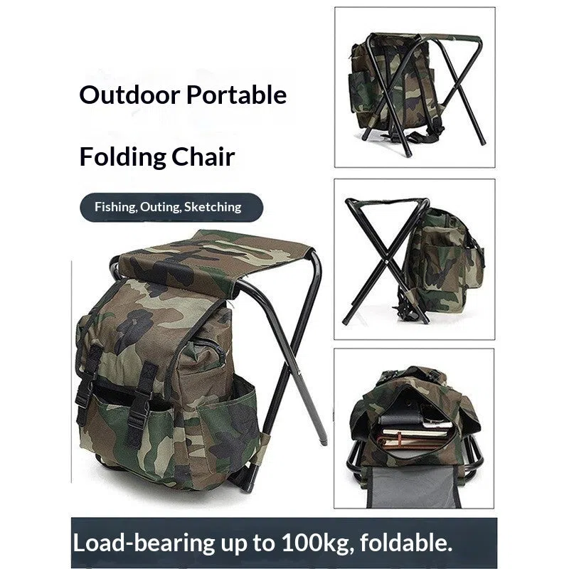 Camouflage foldable backpack stool made from Oxford cloth and carbon steel for outdoor camping