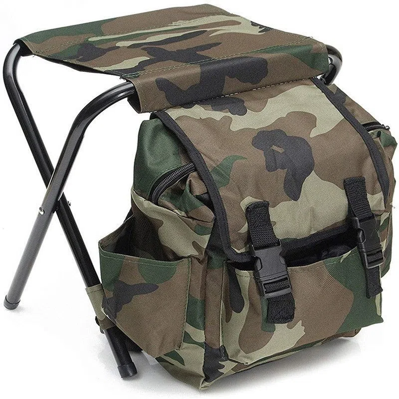 Camouflage foldable backpack stool made from Oxford cloth and carbon steel for outdoor camping