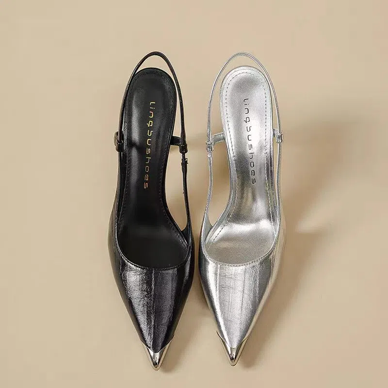 Women's pointed-toe colour-block stiletto heels in black with 7cm heel, PU upper, side view
