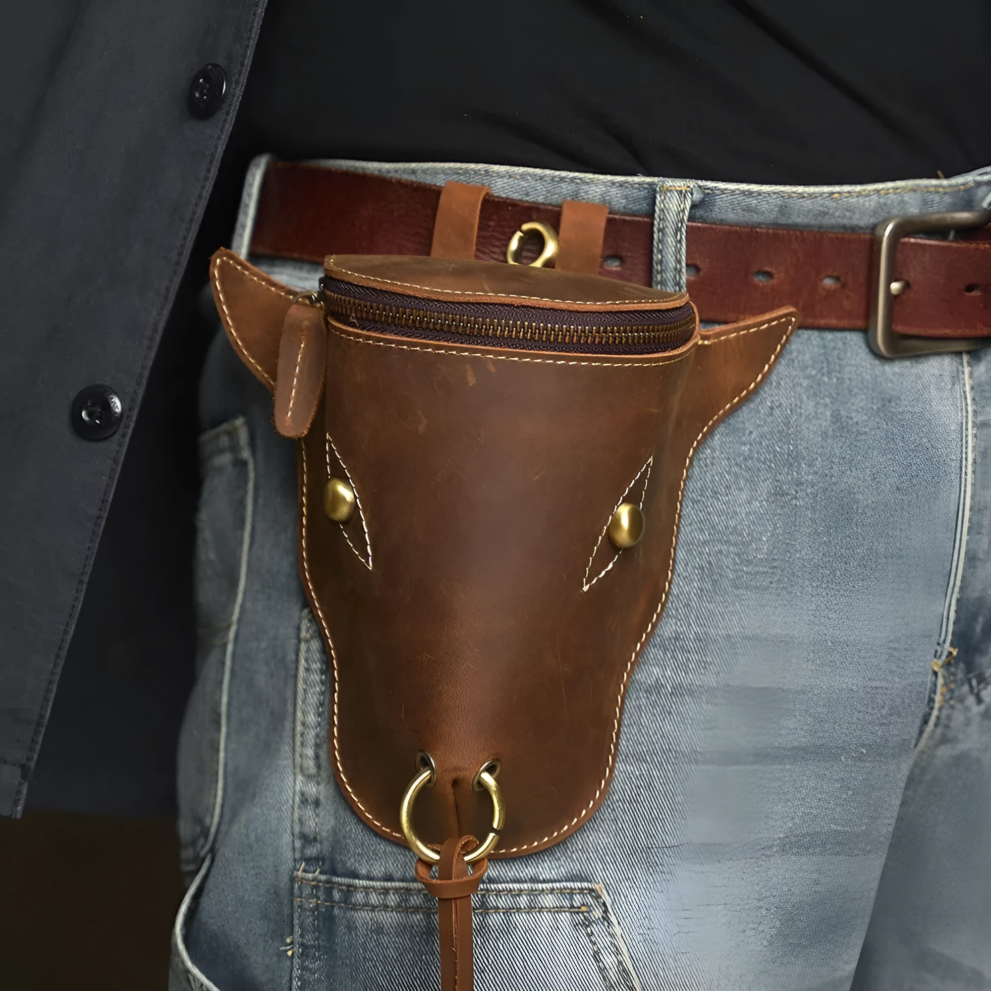 Men's belt ox-head waist bag mini size PU material solid colour black brown casual travel hands-free bag