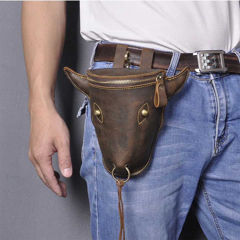 Men's belt ox-head waist bag mini size PU material solid colour black brown casual travel hands-free bag