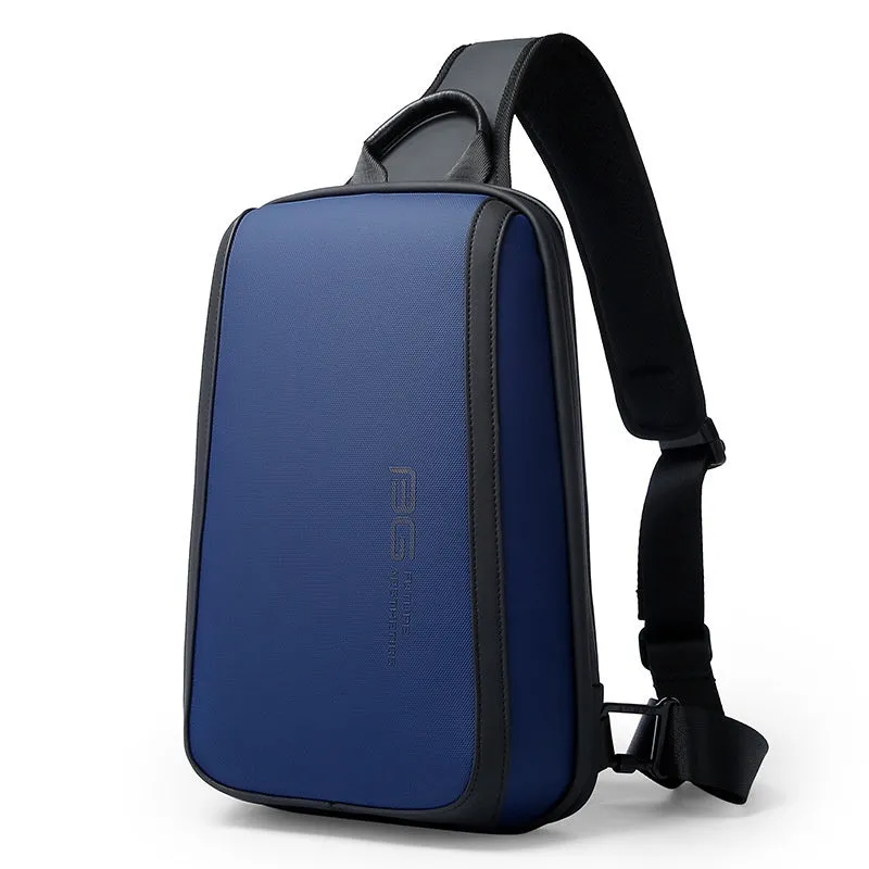 Blue Oxford cloth men's chest bag with double shoulder straps on a mannequin.