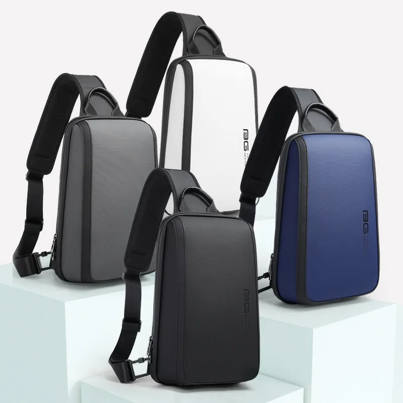 Blue Oxford cloth men's chest bag with double shoulder straps on a mannequin.