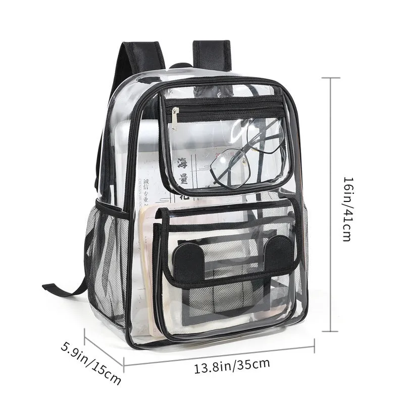 Transparent PVC large capacity travel backpack in multiple colour options including blue and red.