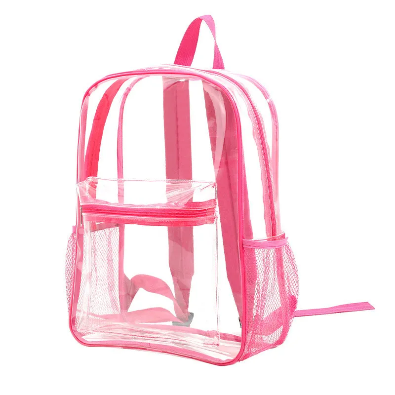 Transparent PVC large capacity travel backpack in multiple colour options including blue and red.