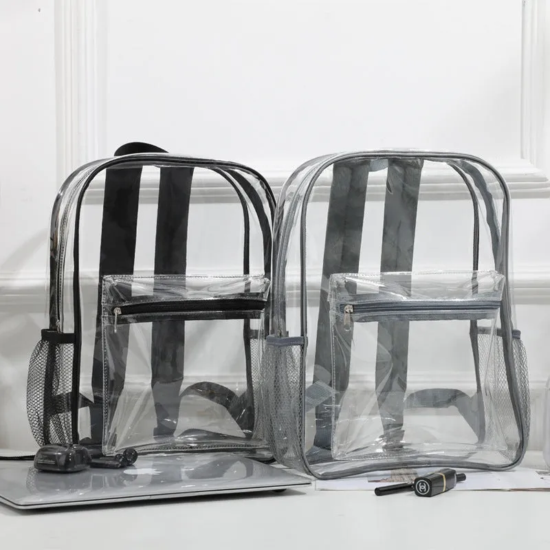 Transparent PVC large capacity travel backpack in multiple colour options including blue and red.