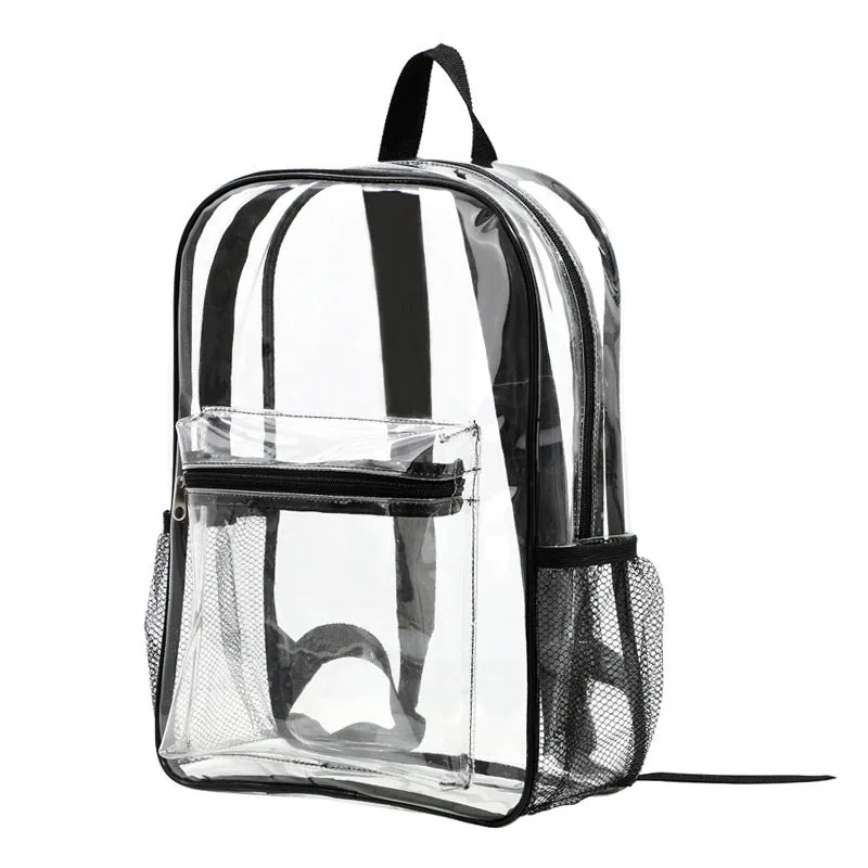 Transparent PVC large capacity travel backpack in multiple colour options including blue and red.